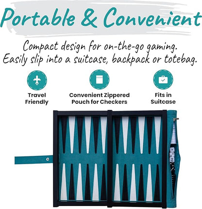 Travel Backgammon Set Deluxe – Roll-Up Board with Magnetic Wooden Frame Dice Cups and Bag - Unique Travel Backgammon Set for Adults