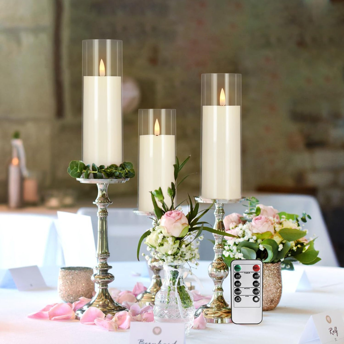 YOROXRG Flickering Flameless Candles Battery Operated with Remote and 2/4/6/8 H Timer Plexiglass LED Pillar Candles with Realistic Moving Wick for Home Decor Pack of 48 (D2.2 xH 5" 6" 7") (Ivory)