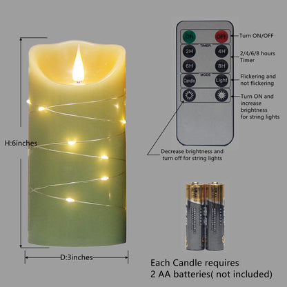 CFDECOR Flameless Candle with Timer,Battery Operated Flickering Led Candles with Remote,Realistic 3D Moving Flame Pillar Candles,Scalloped Edge,Real Wax Candles Set of 2 for Holiday,Home Decor(Green)