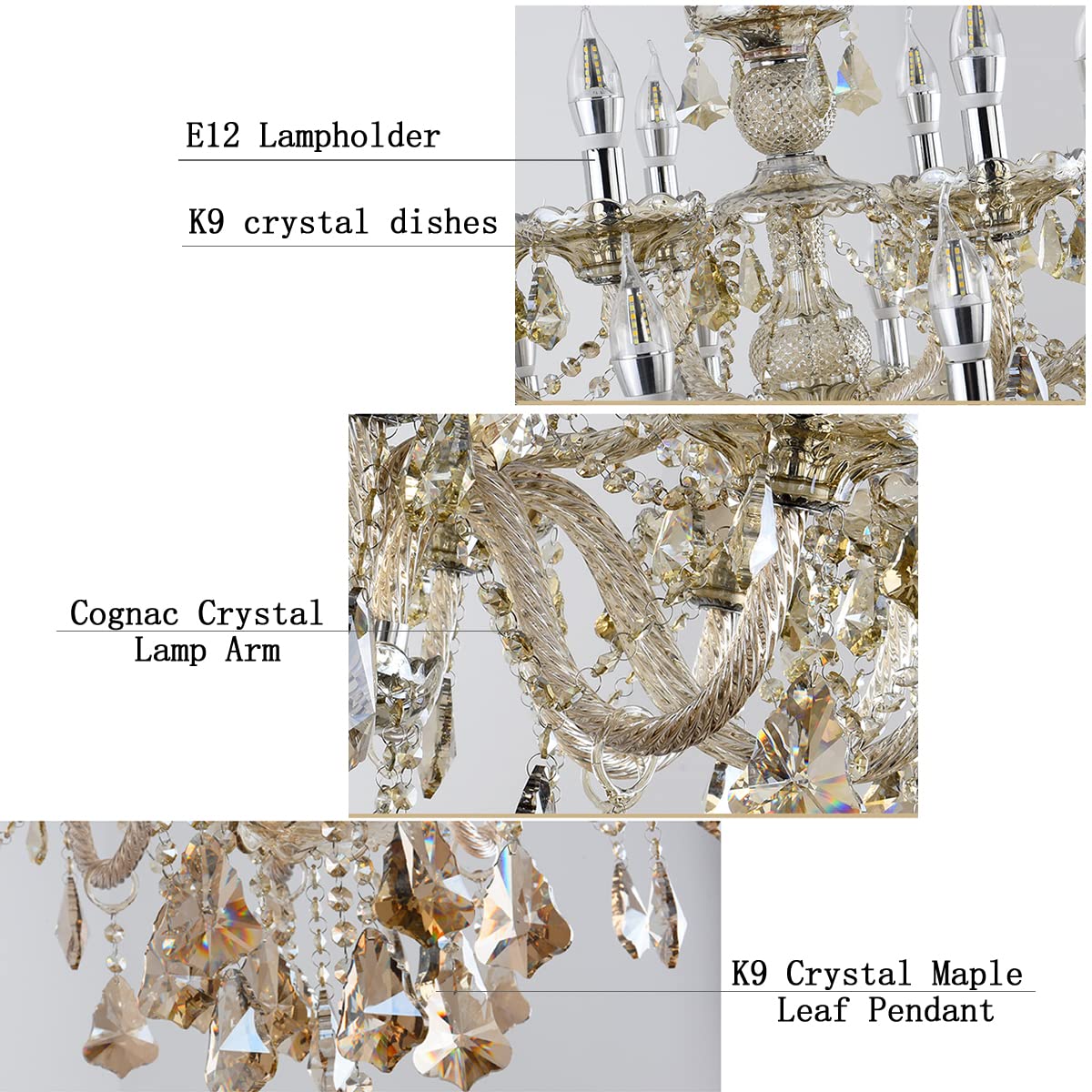 Durahonn Modern K9 Crystal Chandelier Cognac 6 Lights, E12 Base Candle Crystal Pendant Lighting Fixture, Elegant Crystal Ceiling Light for Dinning Living Room Bedroom Hallway (6 Lights)
