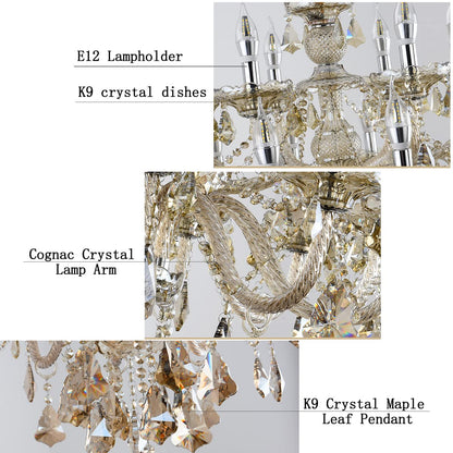 Durahonn Modern K9 Crystal Chandelier Cognac 6 Lights, E12 Base Candle Crystal Pendant Lighting Fixture, Elegant Crystal Ceiling Light for Dinning Living Room Bedroom Hallway (6 Lights)