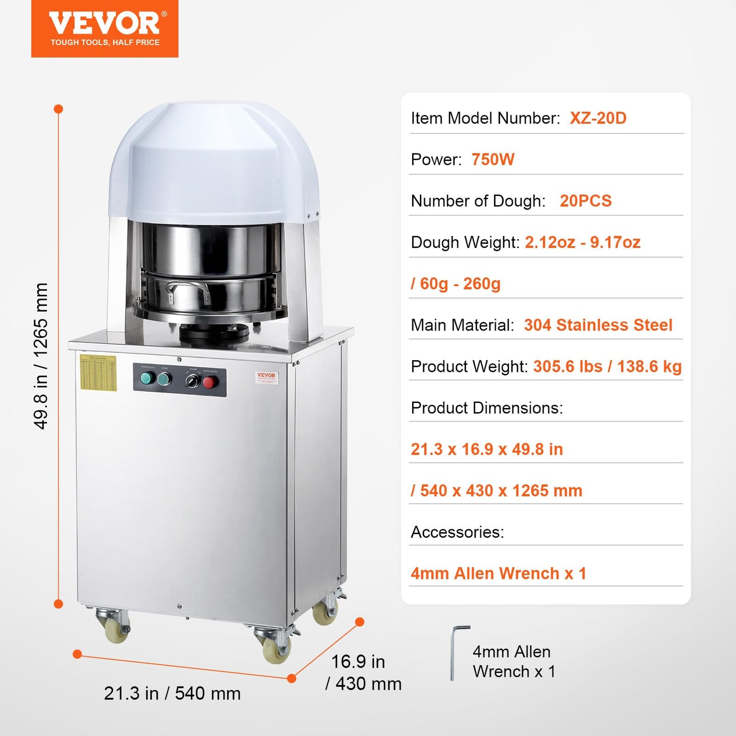 VEVOR Dough Divider,20PCS Electric Dough Divider Machine,2.12oz-9.17oz Equal Dough Press Dough Cutting with 304 SS Tray and Copper Motor Divider for Bakery,Restaurant,Commercial Food Preparation