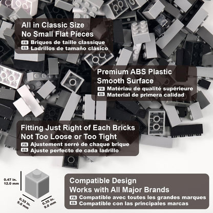 Building Bricks 1000 Pieces in Black, Dark Grey, Light Grey & White, Classic General Building Blocks Toys for Boys & Girls, Bulk Basic Brick Tiles for Adult's Building Projects