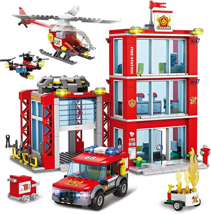 City Fire Station Building Kit Compatible with Lego Fire Rescue Building Blocks Includes Fire Station Fire Truck Fire Helicopter and Drone Toy Set Gift for Kids Boys Girls Age 6-12（784 PCS）