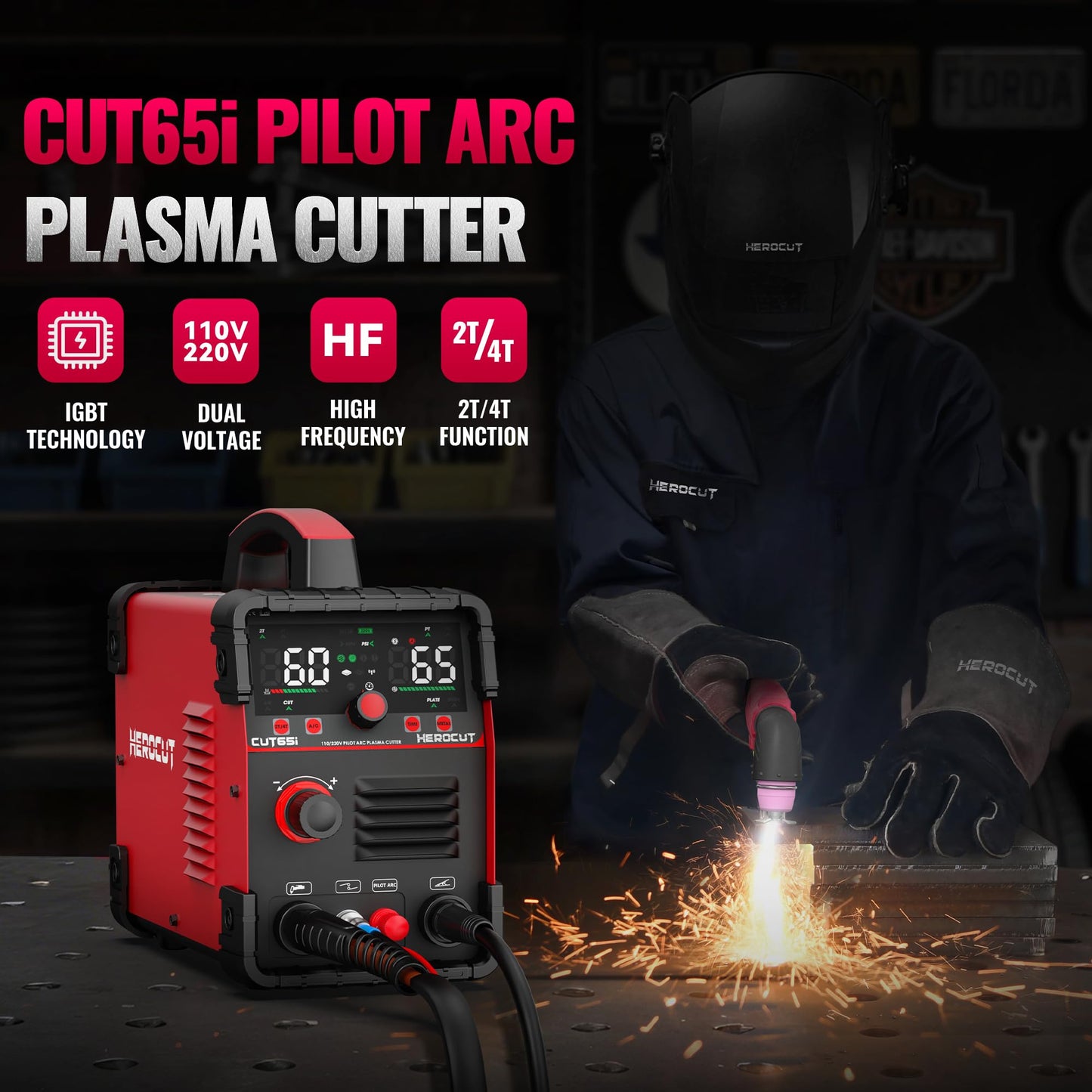 Plasma Cutter, 65Amps HEROCUT Plasma Cutter Machine CUT65i, Non-Touch Pilot Arc, 110/220V Dual Voltage IGBT Inverter, Screen Display, Air Sensor, 20mm Max Cutting Thickness, 2T/4T for Beginners DIY