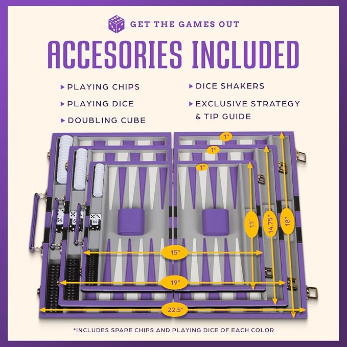 Get The Games Out Backgammon Set Classic Board Game Case 2 Players Includes Strategy &amp Tip Guide Perfect for Parties and Family Game Nights -Small Purple