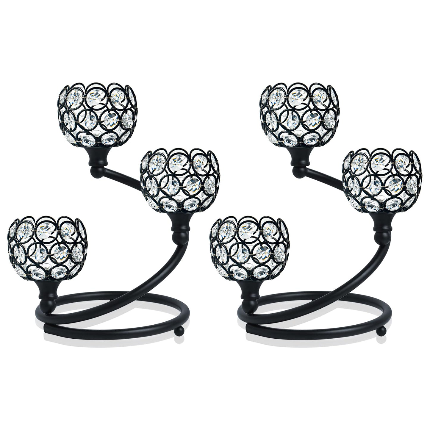 KEHAIL Metal Crystal Candle Holder Set of 2 - Elegant 3-Arm Metal Tea Light Centerpiece with Shining Crystal Bowl, Wedding Anniversary Table Decor for Dining, Party (Black, 2 Pcs 3 Arm)