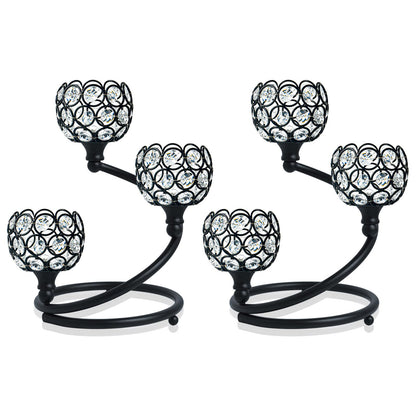KEHAIL Metal Crystal Candle Holder Set of 2 - Elegant 3-Arm Metal Tea Light Centerpiece with Shining Crystal Bowl, Wedding Anniversary Table Decor for Dining, Party (Black, 2 Pcs 3 Arm)