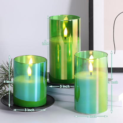 Eywamage Green Glass Flameless Pillar Candles with Remote, Flickering Spring Battery LED Candles Holiday Decor Set of 3