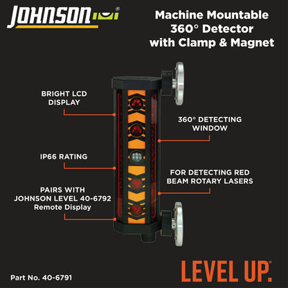 Johnson Level & Tool 40-6791 Machine Mountable 360 Degree Detector with Clamp and Magnet, 360°, Red Beam, 1 Laser Detector