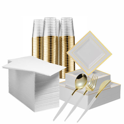 Gold Disposable Plates Set For 50 Guest - 350 Piece Gold Plastic Dinnerware Set - 100 Gold Rimmed Square Plastic Plates, 50 Gold Rimmed Plastic Cups, 50 Paper Napkins, 50 Gold Silverware Set