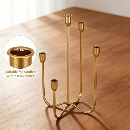 Vrnikhub 5 Arms Cast Iron Metal Candelabra, 15 Inch Tall Antique Brass Candlestick Holders, Tabletop Candle Stand for Wedding Events Dining Room Decor, Fits Taper & LED Candles