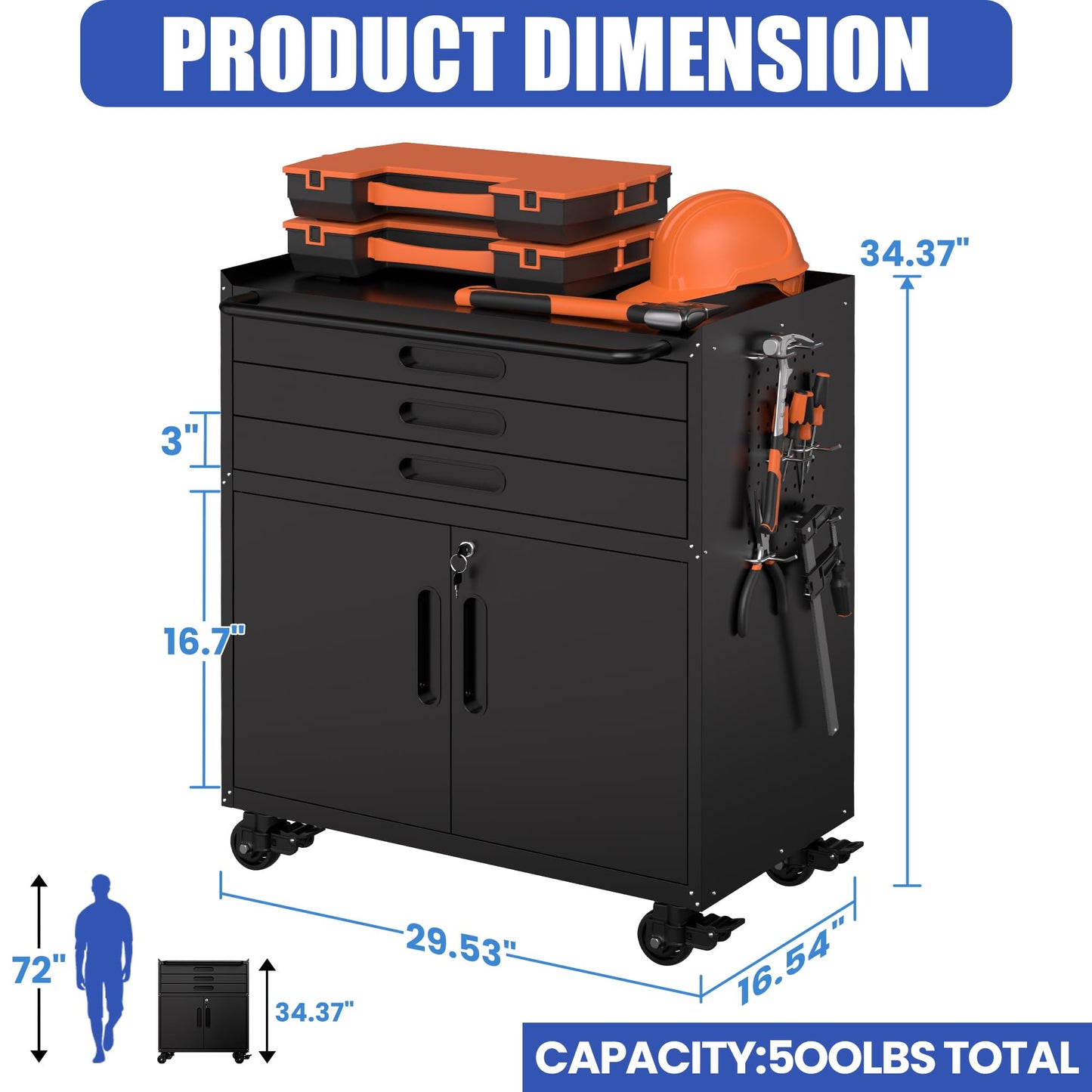 OPTYMIRA Metal Mobile Tool Storage Cabinet with 2 Locking Doors and 3 Drawers,Black Heavy Duty Rolling Tool Cabinets for Garage,Metal Storage Cabinets with Wheels and Pegboard,Assembly Required