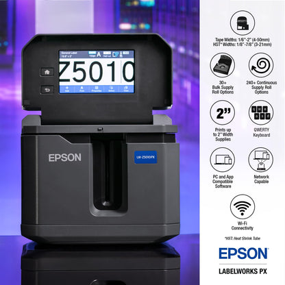 LABELWORKS Epson LW-Z5010PX-R Industrial Label Maker - Complete Printer Kit with Accessories and Automatic Bulk Tape Rewinder, PX 147' Bulk Label Rolls, Desktop Printer