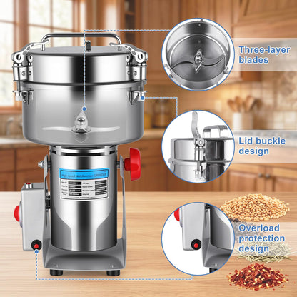Powerful 3600W Grain Mill Grinder – 2500g Stainless Steel, 36000 RPM Triple-Blade System, 270° Swing for Easy Flour Making, 30-300 Mesh Adjustable, for Home Kitchen & Coffee Shop