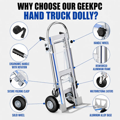 Hand Trucks Heavy Duty Aluminum Dolly Cart, 3 in 1 Design 1000 Lbs Capacity with Solid Wheels - Foldable, Portable, Ergonomic Handle, Perfect for Construction, Warehouses, Factories, Indoor & Outdoor