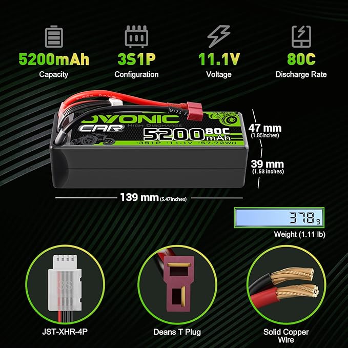 OVONIC Lipo Battery 11.1V 80C 5200mAh 3S Battery with T-Style Connector Hardcase Battery for RC Car Boat Truck Helicopter Airplane Racing Models(2 Packs)