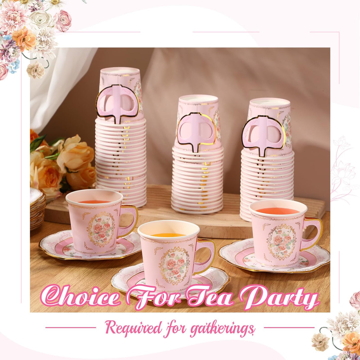 Umigy 60 Sets Tea Party Decorations 6.5oz Floral Paper Tea Cups with Handle and Plates Disposable Blossom Teacups and Saucers Sets with Tape for Hot Cold Drink Birthday (Pink Rustic)