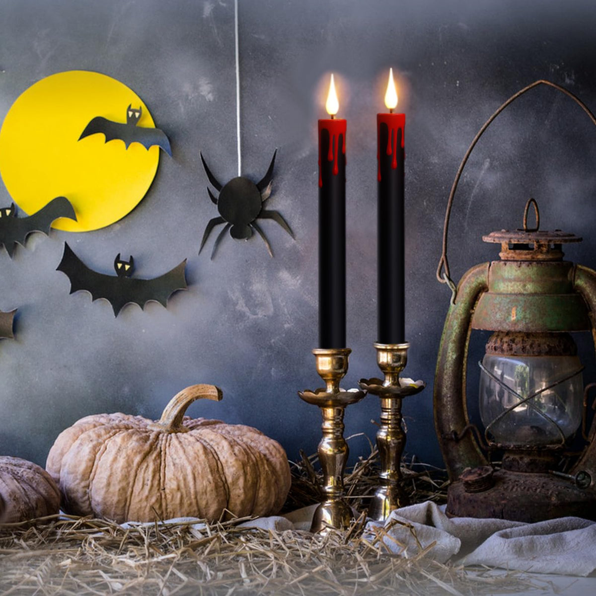 DRomance Black Flameless Taper Candles Flickering with Remote and Timer, Blood Dripping Wax Effect Battery Operated Yellow Light LED Taper Candles Dinner Halloween Spooky Decor(4 Pack, 0.78" x 8.9")