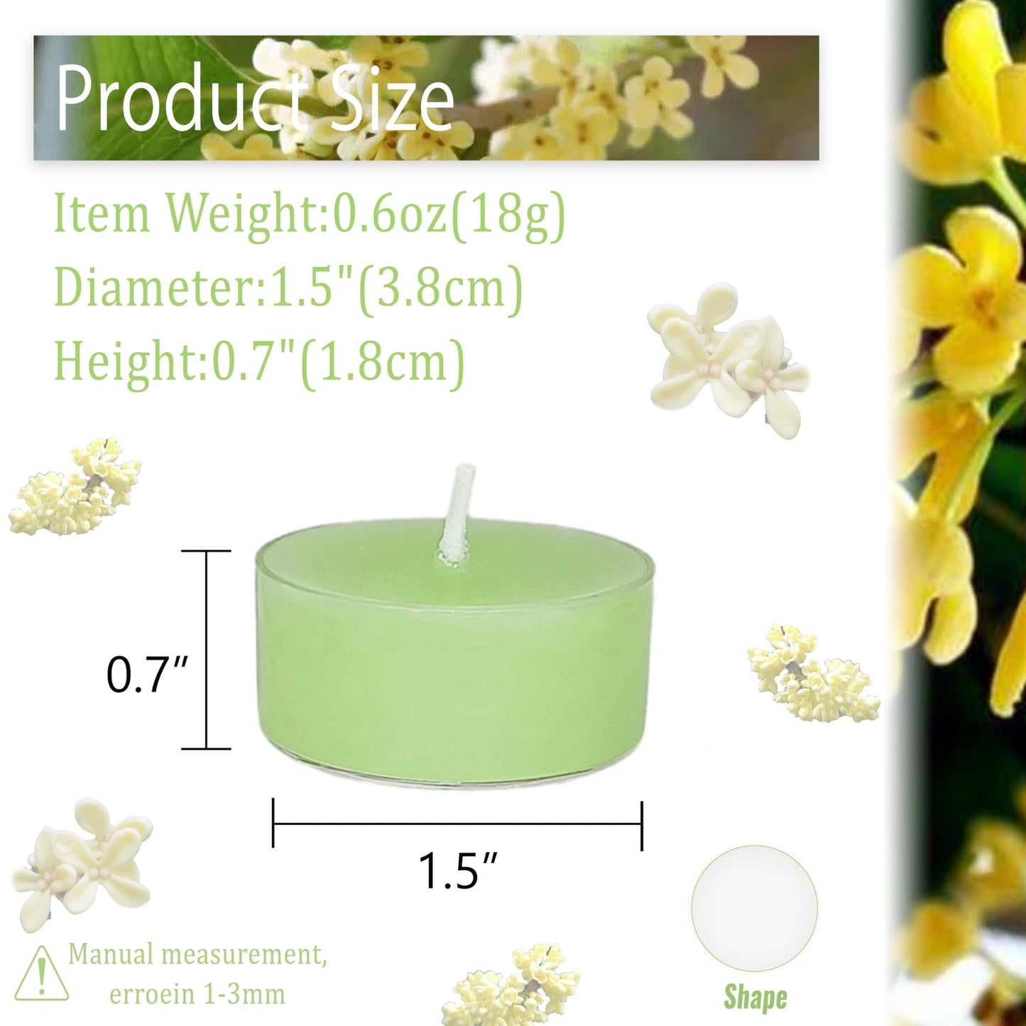 Light Green Tea Candles Tea Lights Smokeless Osmanthus Scent Tealight Candles Handmade Tealights Set of 24 Long Burning for Wedding Meditation Dinner Home Decor