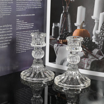 6 Pack Glass Taper Candlestick Holders, Clear Candlestick Holders, 4" H Stripe Crystal Candle Holders Decorative Candle Stand Centerpiece for Wedding, Festival, Dinning Party Table Decor