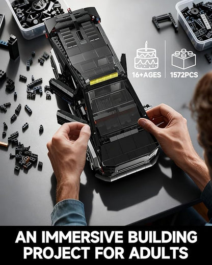 Remote Control Building Kit Futuristic Cyber Truck Model Black Electric RC Vehicle with Omniwheel Drift 1572 Pieces Construction Set for Adults 14+