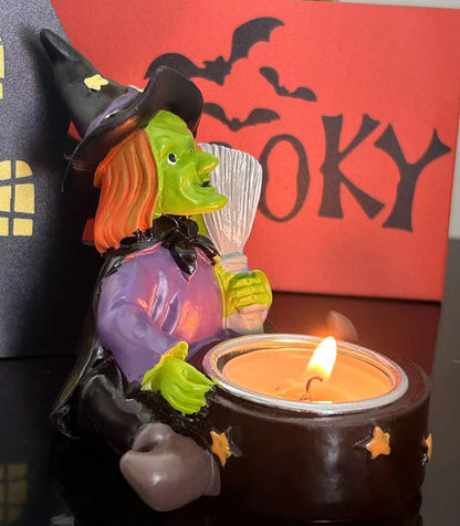 Halloween Candle Holder Spooky Witch with Broom Tealight Candle Holder Scary Halloween Decorations - Skeleton Skull Candle Holder for Bedroom Living Room Mantel Shelf Tabletop Décor