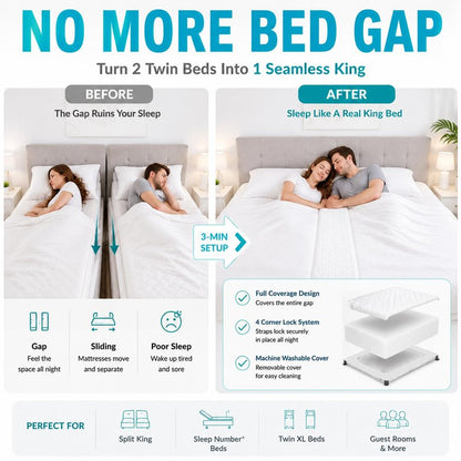 Bisenkud Twin to King Bed Bridge Kit, Convert Two Twin Beds into a Seamless King Size Bed, Mattress Connector with Gap Filler, Non Slip Straps, Machine Washable Cover for Guest Room, RV