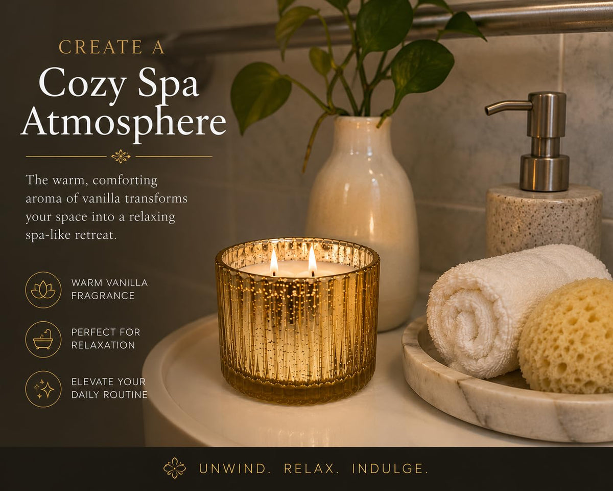 Vanilla Scented Candle, 12 oz Triple Wick in Gold Mercury Glass Jar, Warm Vanilla Fragrance, Decorative Home Candle, Reusable Luxury Glass Container, Luxury Breeze