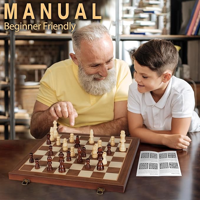 2 in 1 Magnetic Chess Set &amp Checkers Board Game 15 Wooden Folding Chess Board with 2 Extra Queens Portable Travel Chess Set with Pieces Storage Slots Beginner Chess Board Game for Adults &amp