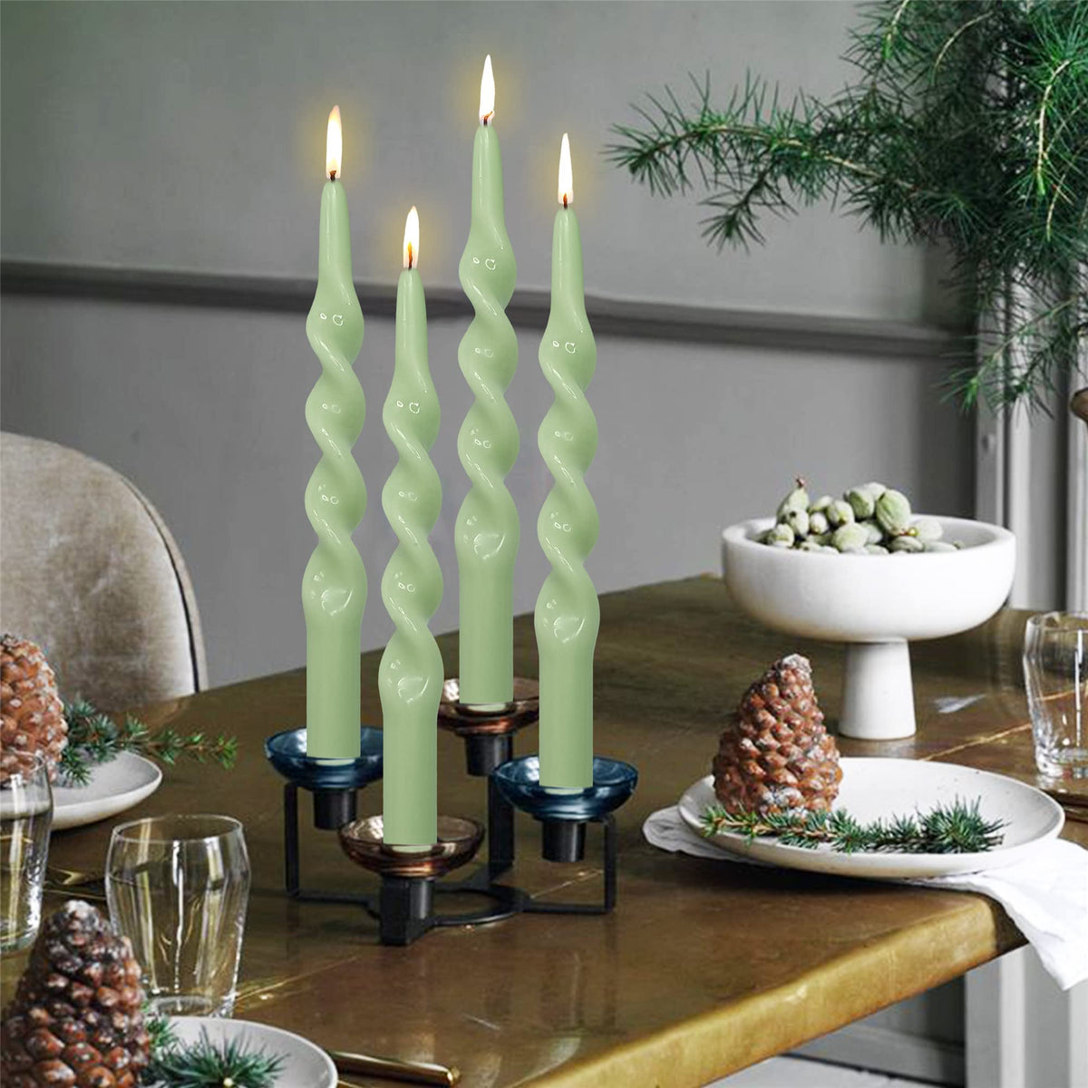 Gedengni Pastel Taper Candle Green Candlesticks - Set of 4 Long Candle Sticks Unique Tapered Candles Twisted Candlestick 10inch Spiral Candle for Home Décor Weddings Women Gifts (1D4PCS-GREEN)