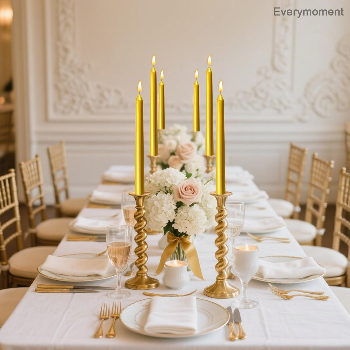Everymoment Gold Taper Candles - 24 Pack 10 Inch Candlesticks - Dripless & Smokeless for 8 Hours - Unscented Paraffin Wax - Ideal for Wedding Christmas Anniversary New Year's Eve & Luxury Decor