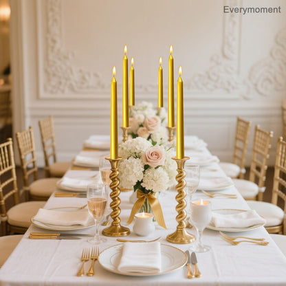 Everymoment Gold Taper Candles - 24 Pack 10 Inch Candlesticks - Dripless & Smokeless for 8 Hours - Unscented Paraffin Wax - Ideal for Wedding Christmas Anniversary New Year's Eve & Luxury Decor