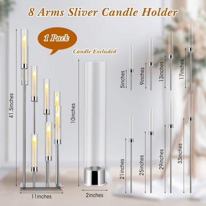 Dandat 41.5" Tall Floor Candelabras, 8-arm Cluster Standing Candle Holders with Clear Acrylic Shades, Silver Wedding Centerpiece Candelabra for Flameless/LED Taper Candles, Party & Event Decor(1 Pack)