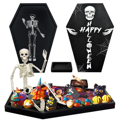 Fayavoo Wood Halloween Coffin Charcuterie Board with Skeleton Patter, Black Coffin Serving Trays with Dipping Saucer, Spooky Halloween Platters for Food Snack Candy Cheese Party Serving Dishes
