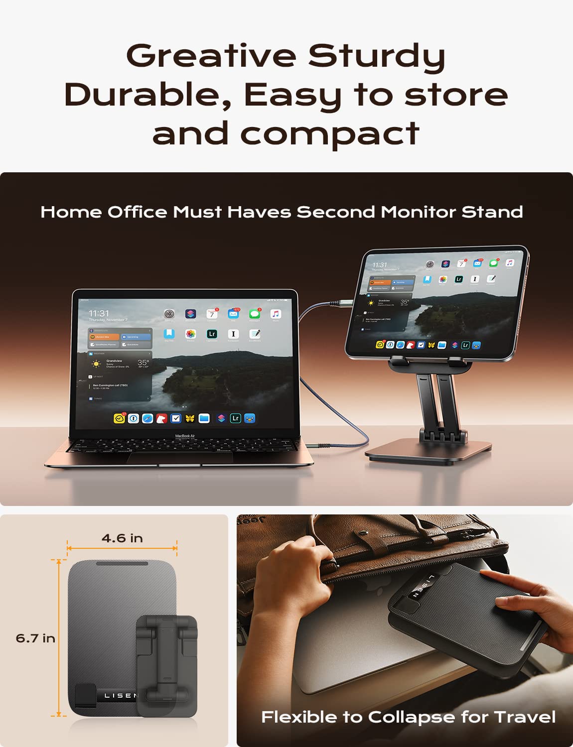 LISEN Tablet Stand for iPad Stand Holder Desk, Foldable Home Office Desk Accessories Travel for iPad Holder Dorm College Essentials Portable Monitor Fits Tabs Kindle iPhone 4-15.9" Black