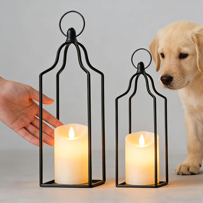 Rustic Farmhouse Decor Metal Lantern Set of 2 Decorative Lanterns for Home Indoor Outdoor Living Room, Fireplace, Patio, Wedding & Kitchen Table Centerpieces (Black, 14.5" 12.2")