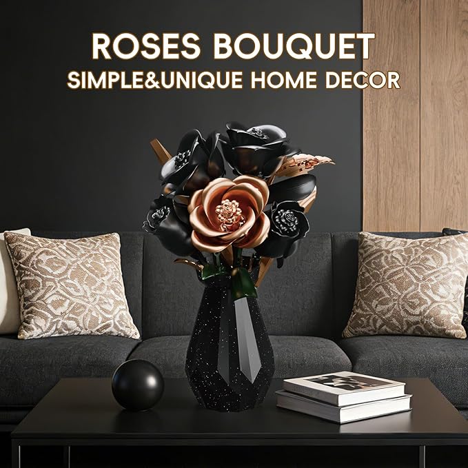Black Roses Flower Bouquet Building Set with Vase - 255 Pcs Botanical Collection with Rose Gold Accent Artificial Floral Centerpiece Gothic Home Decor Gift for Adults