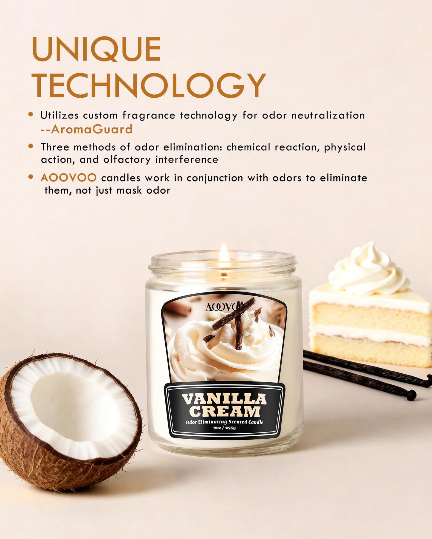 AOOVOO Vanilla Cream 2 Pack Odor Eliminating Candle - Up to 100 Hours Burn time, Eliminates 95% of Pet, Smoke, Food, and Other Smells Quickly, 18 oz Non Toxic Highly Fragranced Air Freshing Soy Candle