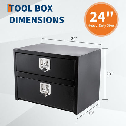 24'' Black Steel Truck Tool Box with Drawer, Heavy Duty Two-Tier Underbody Storage Organizer with Lock and Keys, Waterproof Pickup Truck Bed Toolbox for RV, Trailer, Cargo Equipment 24" x 18" x 20''