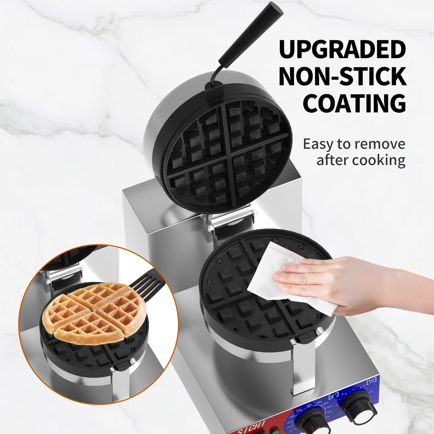 HTTSICHI Commercial Waffle Maker - Belgian Waffle Maker w/Non-stick Baking Pan and 550℉ Heating, 1200W Rotating Waffle Iron for 1.2" Thick, Stainless Steel Round Waffle Machine for Restaurant