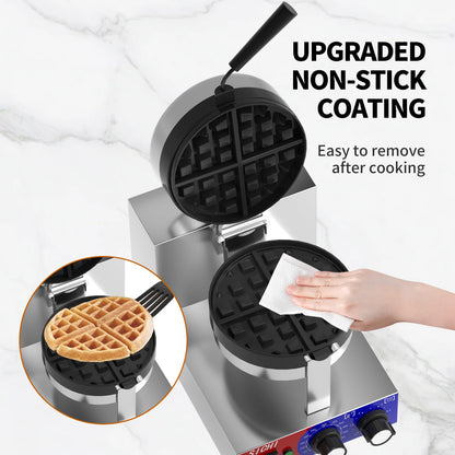 HTTSICHI Commercial Waffle Maker - Belgian Waffle Maker w/Non-stick Baking Pan and 550℉ Heating, 1200W Rotating Waffle Iron for 1.2" Thick, Stainless Steel Round Waffle Machine for Restaurant