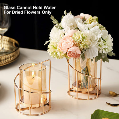 MrMrKura Metal Wire Candle Holder Set of 2, Glass Pillar Candle Holders Gold Decorative Tea Light Candleholders for Home Decor Table Decorations Centerpiece