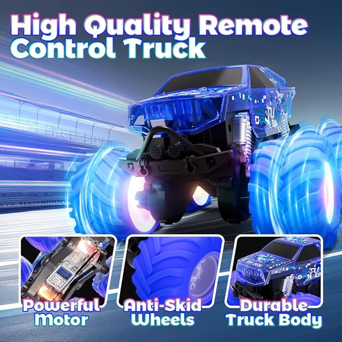 Amphibious Monster Truck Toy Waterproof Remote Control Car 4WD Off-Road RC Truck with Colorful Light RC Stunt Car Toy for 4-7 8-12 Year Boy Birthday Gift Present