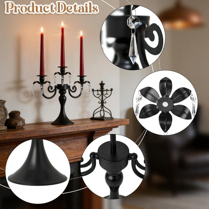 KEHAIL Metal 3 Arm Candelabra with Crystal Pendants - 11.8 Inch Tall Candle Holders, Set of 2 - Elegant Taper Candlestick Stand for Wedding, Dining Table, Christmas Party Home Decoration (6, Black)