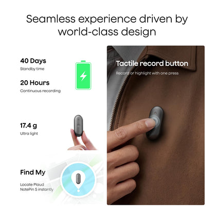 Plaud NotePin S AI Voice Recorder, Wearable AI Notetaker, AI Transcribe & Summarize, Support 112 Languages, 64GB Audio Recorder for Meetings Interviews, Professionals, Teams, with 4 Accessories
