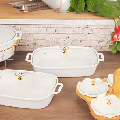 Regine Switzerland Ceramic Casserole Dish - 11" x 8" White Serving Tureen with Glass Lid | 1.6 Quart Capacity for Buffets & Catering