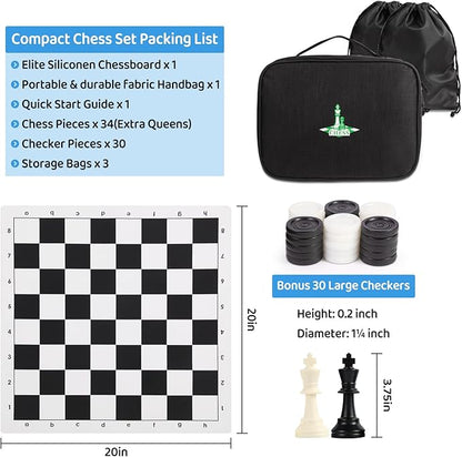 Travel Chess Set 20'' Silicone Chess Board-3.75'' King Height Plastic Piece Extra Queens &amp Storage Bag 2 in 1 Portable Chess &amp Checker Board Games for Teens and Adults
