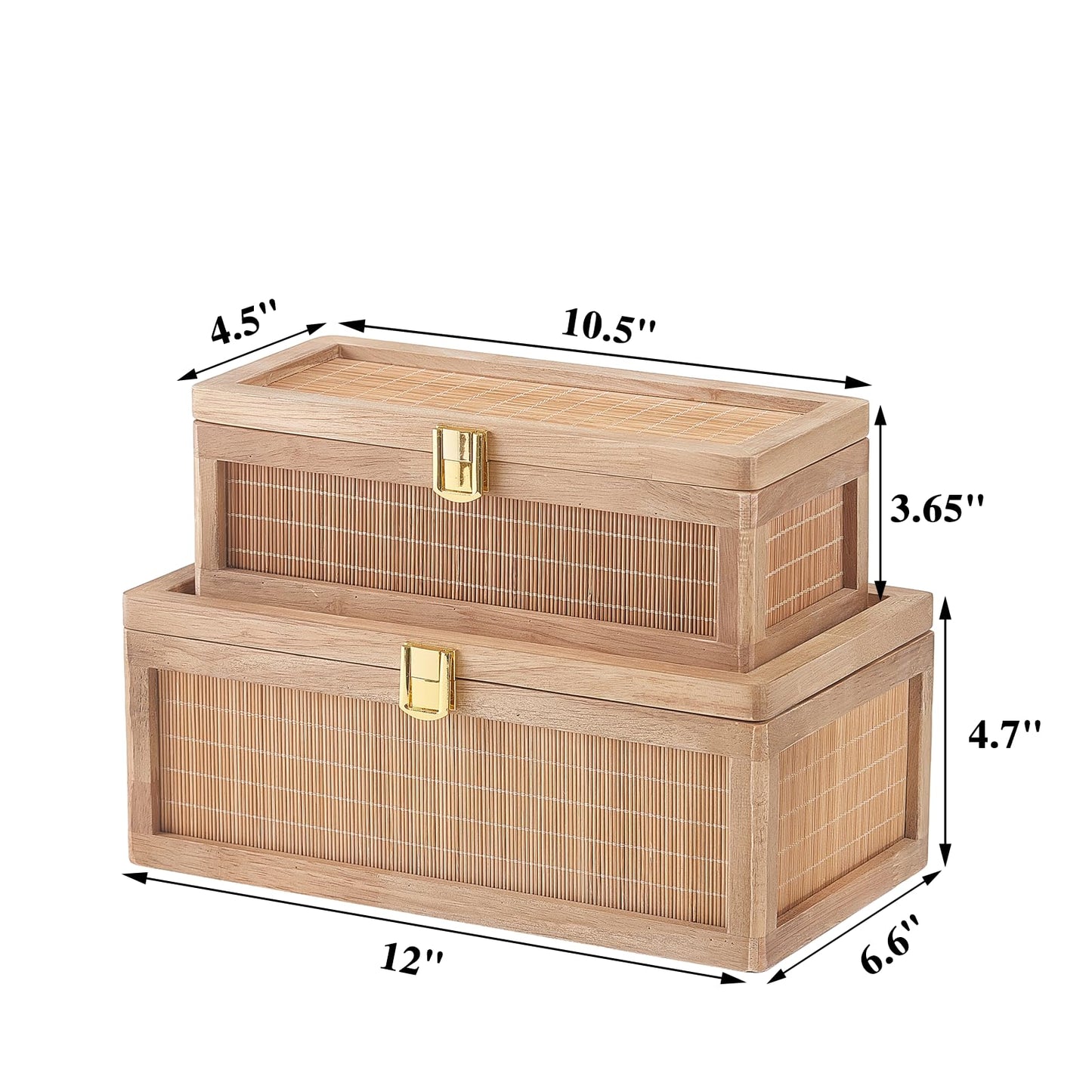 HuiDao Rattan Decorative Box, Boho Display Boxes with Lids, Set of 2 Rectangular Wicker Storage Basket, Natural Woven Cane Bins for Home Decor (Rectangular)