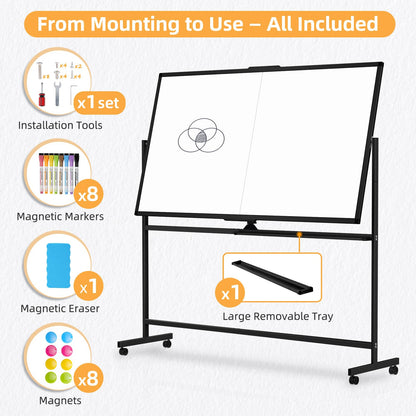 WALGLASS Rolling Dry Erase Whiteboard, 48"x36" Double-Sided White Board on Wheels, Large Portable White Board with Stand, Black Mobile Standing Whiteboards for Office, Home, School 4x3 ft